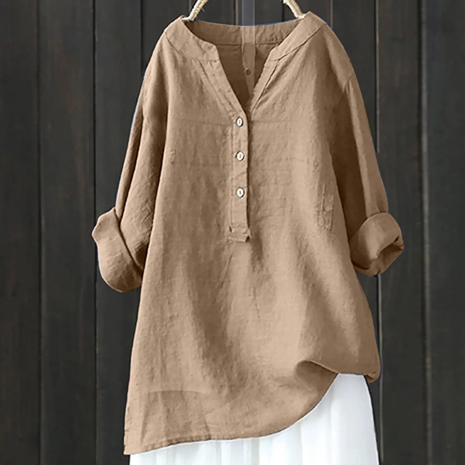 Linen Shirts for Women Casual V Neck Button Down Tshirt Loose Long Sleeve Blouses Summer Oversized Tops