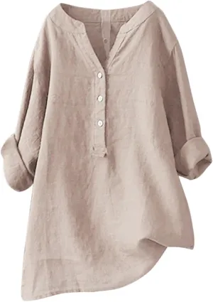 Linen Shirts for Women Casual V Neck Button Down Tshirt Loose Long Sleeve Blouses Summer Oversized Tops