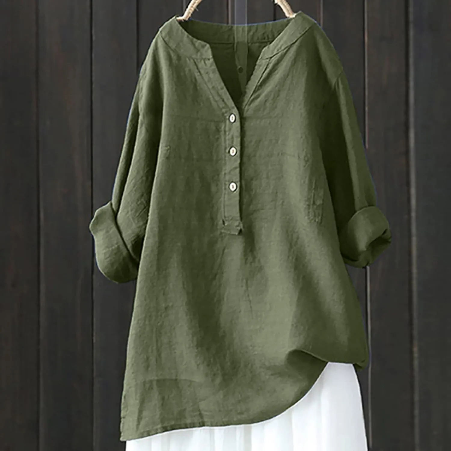 Linen Shirts for Women Casual V Neck Button Down Tshirt Loose Long Sleeve Blouses Summer Oversized Tops