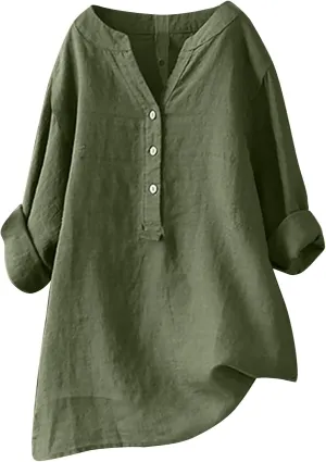 Linen Shirts for Women Casual V Neck Button Down Tshirt Loose Long Sleeve Blouses Summer Oversized Tops