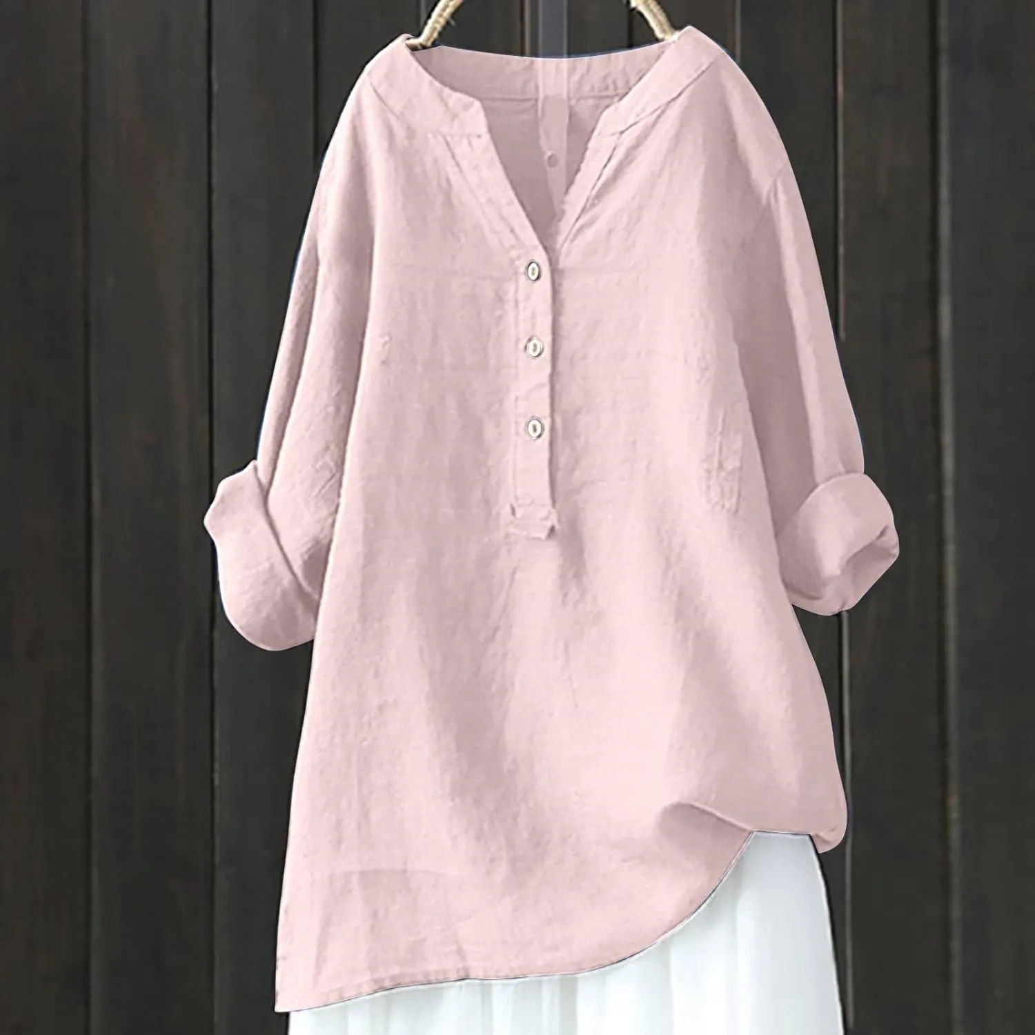 Linen Shirts for Women Casual V Neck Button Down Tshirt Loose Long Sleeve Blouses Summer Oversized Tops