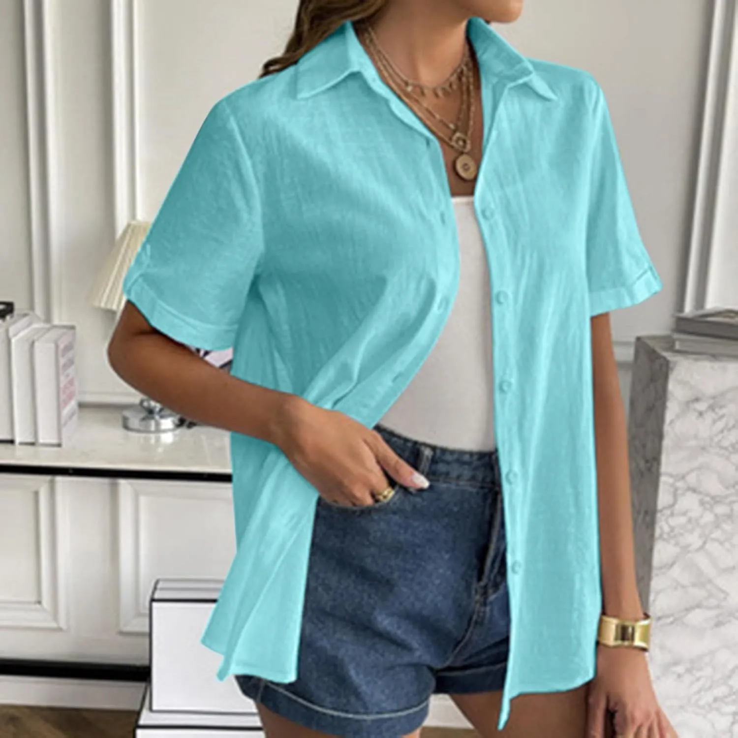 Linen Shirts for Women, Linen Button Down Shirt Women Summer Short Sleeve Gauze Tops Collared Casual Dressy Blouses