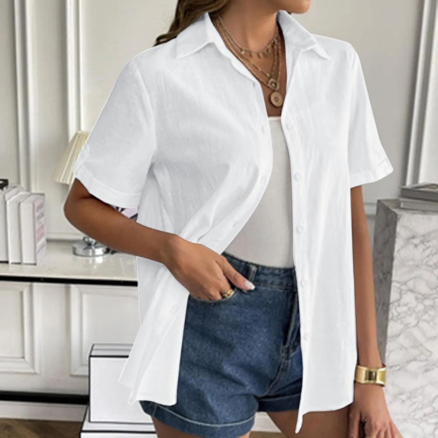 Linen Shirts for Women, Linen Button Down Shirt Women Summer Short Sleeve Gauze Tops Collared Casual Dressy Blouses