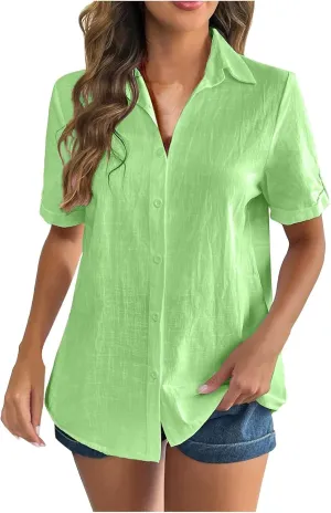 Linen Shirts for Women, Linen Button Down Shirt Women Summer Short Sleeve Gauze Tops Collared Casual Dressy Blouses