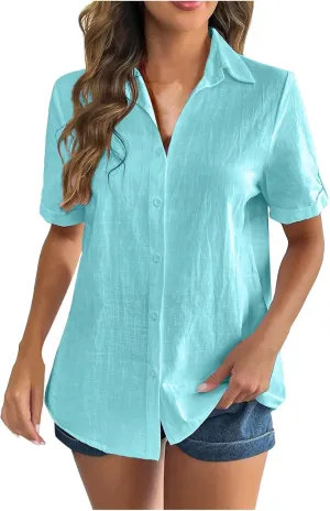 Linen Shirts for Women, Linen Button Down Shirt Women Summer Short Sleeve Gauze Tops Collared Casual Dressy Blouses