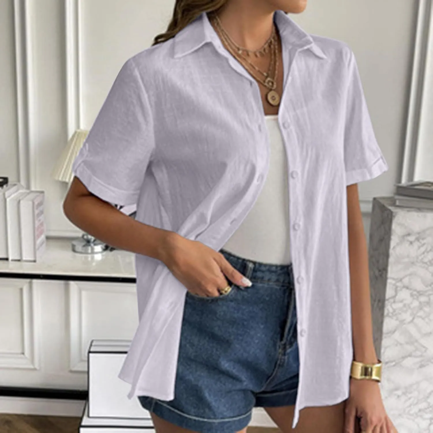 Linen Shirts for Women, Linen Button Down Shirt Women Summer Short Sleeve Gauze Tops Collared Casual Dressy Blouses