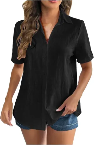 Linen Shirts for Women, Linen Button Down Shirt Women Summer Short Sleeve Gauze Tops Collared Casual Dressy Blouses