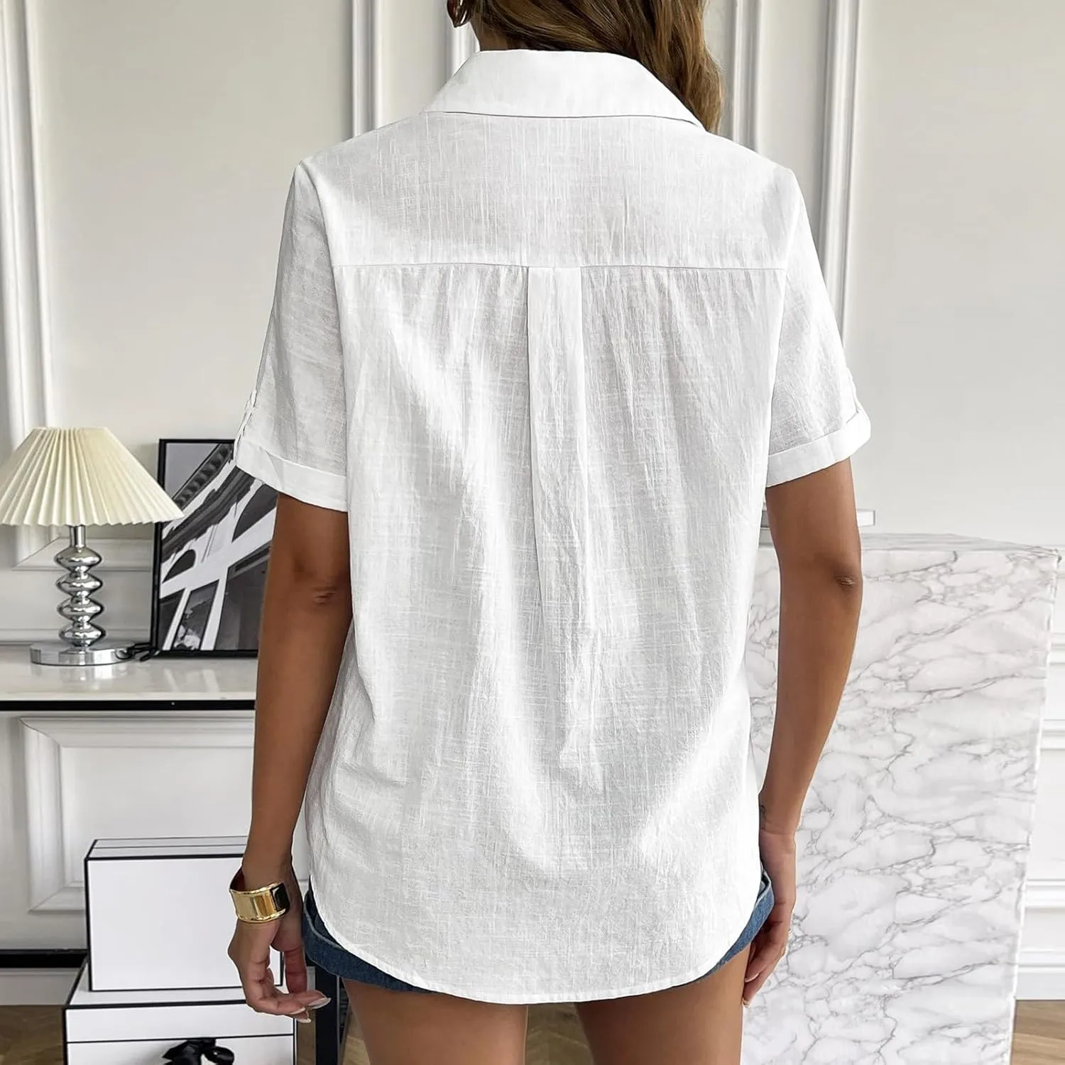 Linen Shirts for Women, Linen Button Down Shirt Women Summer Short Sleeve Gauze Tops Collared Casual Dressy Blouses