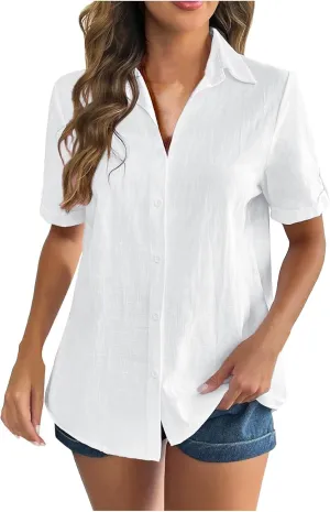 Linen Shirts for Women, Linen Button Down Shirt Women Summer Short Sleeve Gauze Tops Collared Casual Dressy Blouses