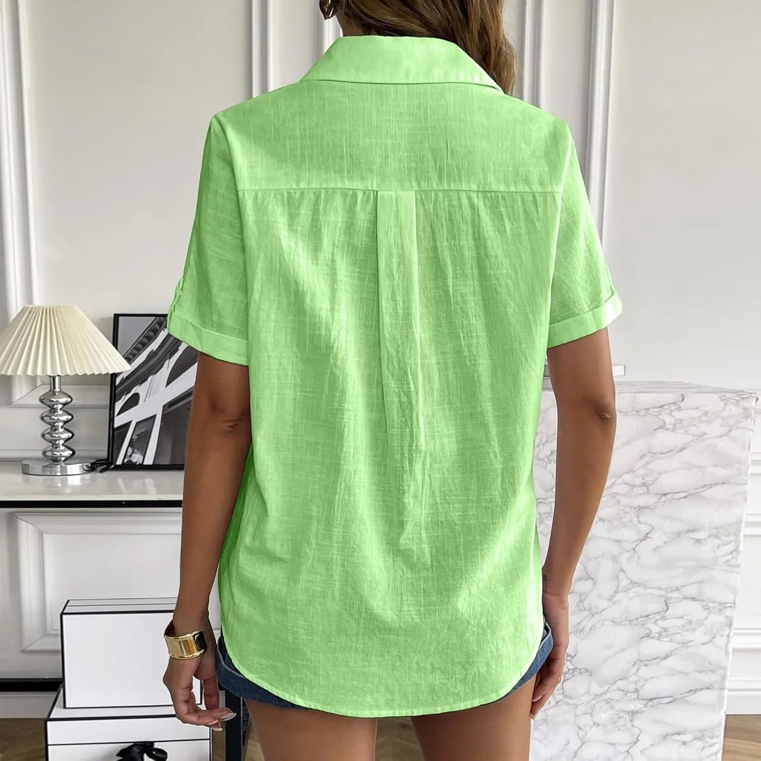 Linen Shirts for Women, Linen Button Down Shirt Women Summer Short Sleeve Gauze Tops Collared Casual Dressy Blouses