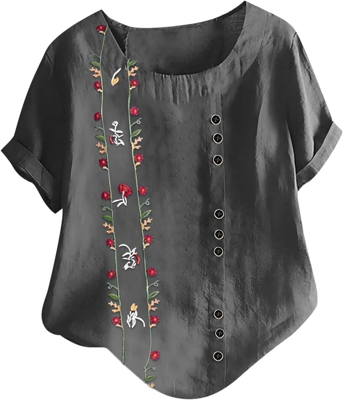 Linen Shirts for Women Loose Fit 2025 Summer Casual Crewneck Short Sleeve Tshirts Embroidery Lightweight Gauze Tops