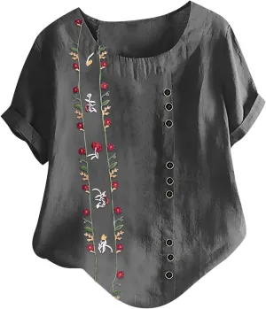 Linen Shirts for Women Loose Fit 2025 Summer Casual Crewneck Short Sleeve Tshirts Embroidery Lightweight Gauze Tops