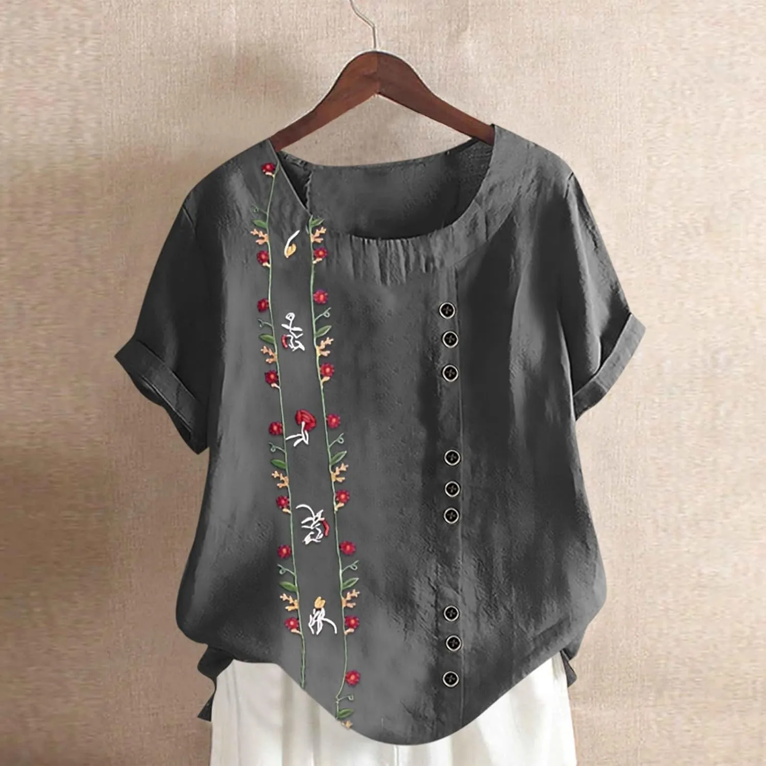 Linen Shirts for Women Loose Fit 2025 Summer Casual Crewneck Short Sleeve Tshirts Embroidery Lightweight Gauze Tops