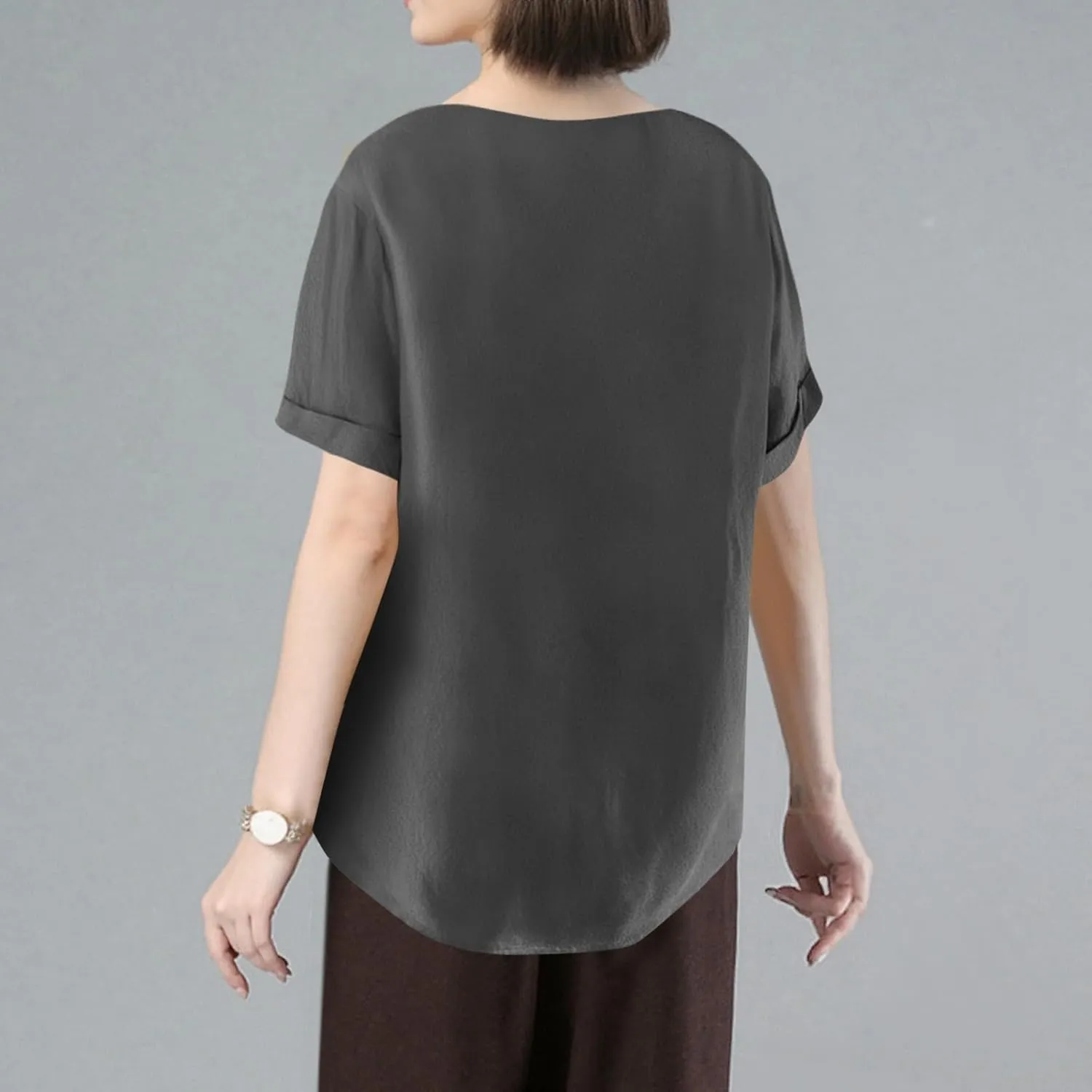 Linen Shirts for Women Loose Fit 2025 Summer Casual Crewneck Short Sleeve Tshirts Embroidery Lightweight Gauze Tops