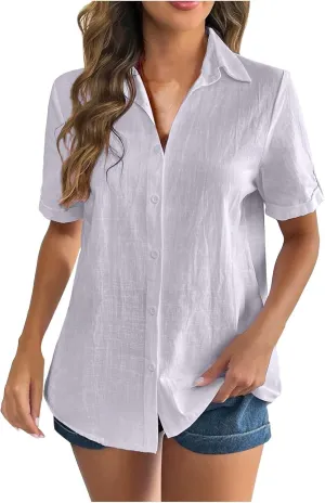 Linen Shirts for Women Summer, Linen Button Down Shirt Women Short Sleeve Collared Work Tops Casual Dressy Blouses