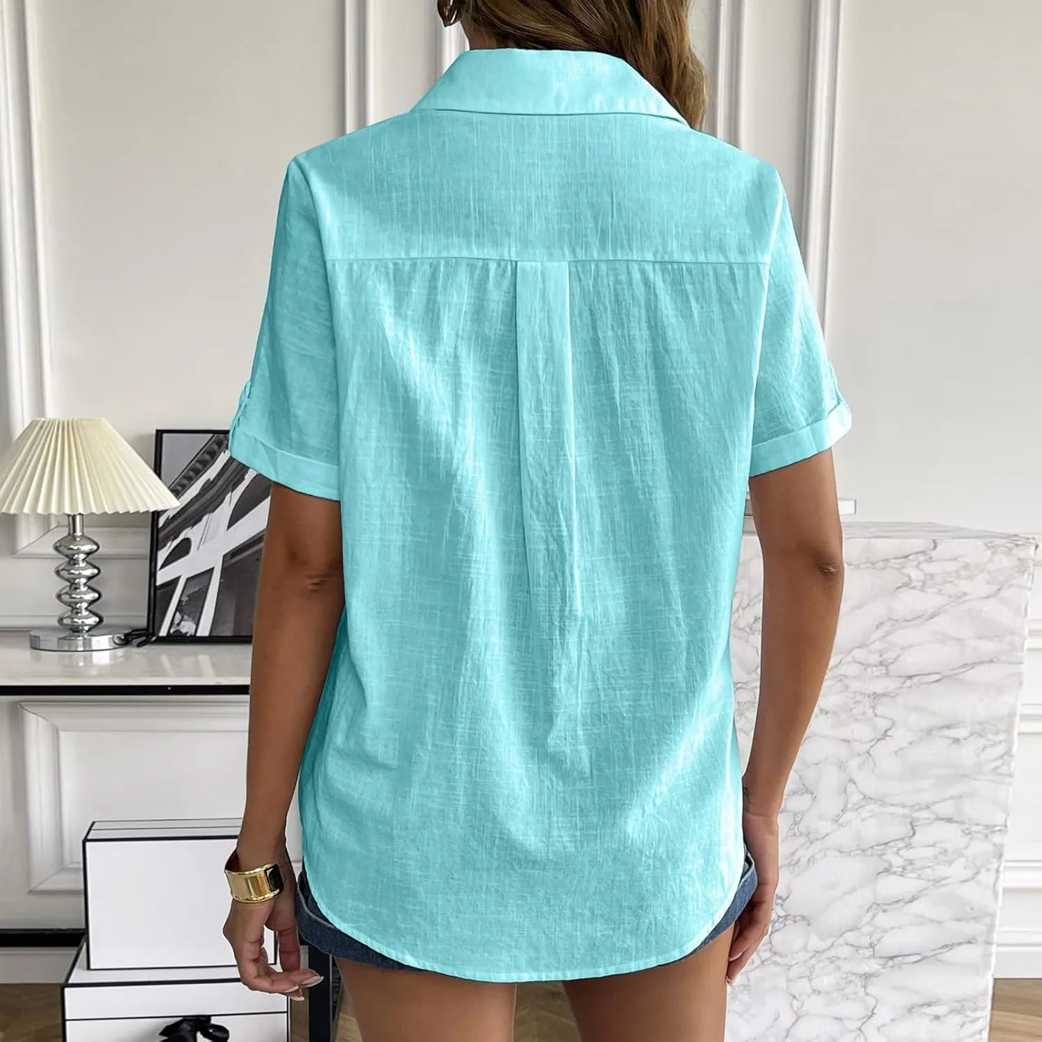 Linen Shirts for Women Summer, Linen Button Down Shirt Women Short Sleeve Collared Work Tops Casual Dressy Blouses