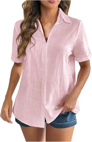 Linen Shirts for Women Summer, Linen Button Down Shirt Women Short Sleeve Collared Work Tops Casual Dressy Blouses