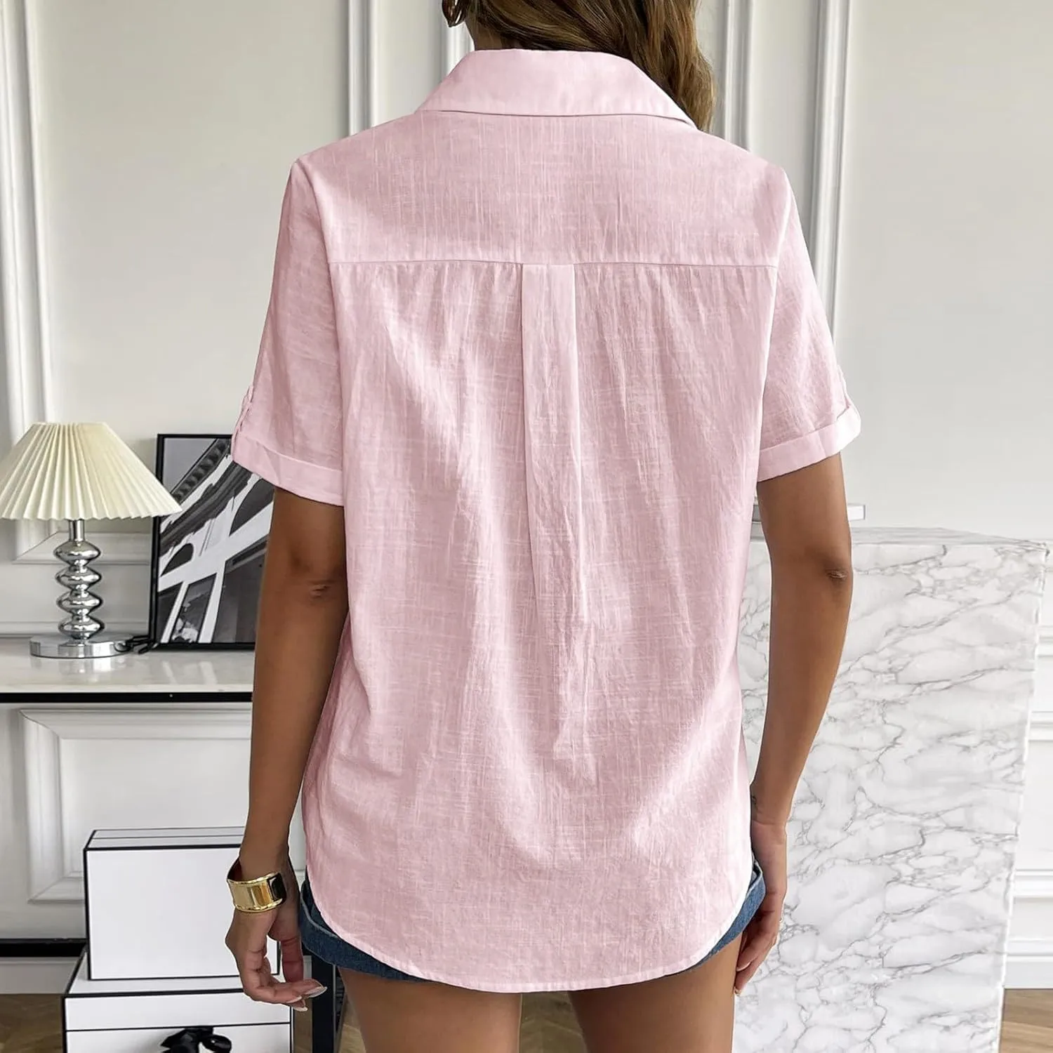 Linen Shirts for Women Summer, Linen Button Down Shirt Women Short Sleeve Collared Work Tops Casual Dressy Blouses