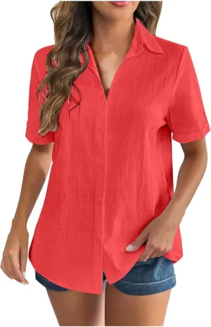 Linen Shirts for Women Summer, Linen Button Down Shirt Women Short Sleeve Collared Work Tops Casual Dressy Blouses