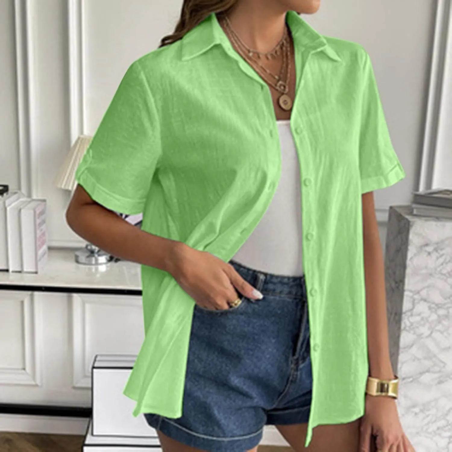 Linen Shirts for Women Summer, Linen Button Down Shirt Women Short Sleeve Collared Work Tops Casual Dressy Blouses