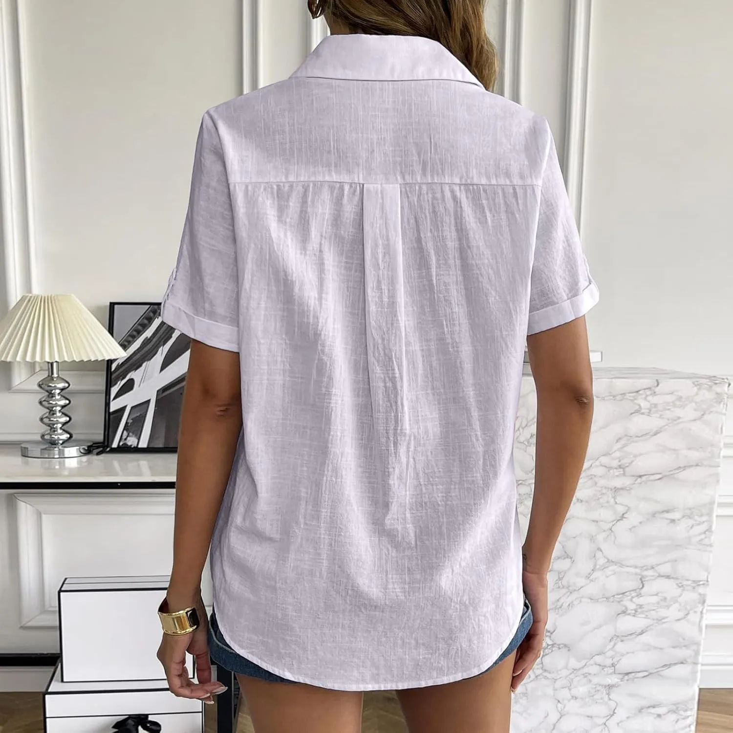 Linen Shirts for Women Summer, Linen Button Down Shirt Women Short Sleeve Collared Work Tops Casual Dressy Blouses