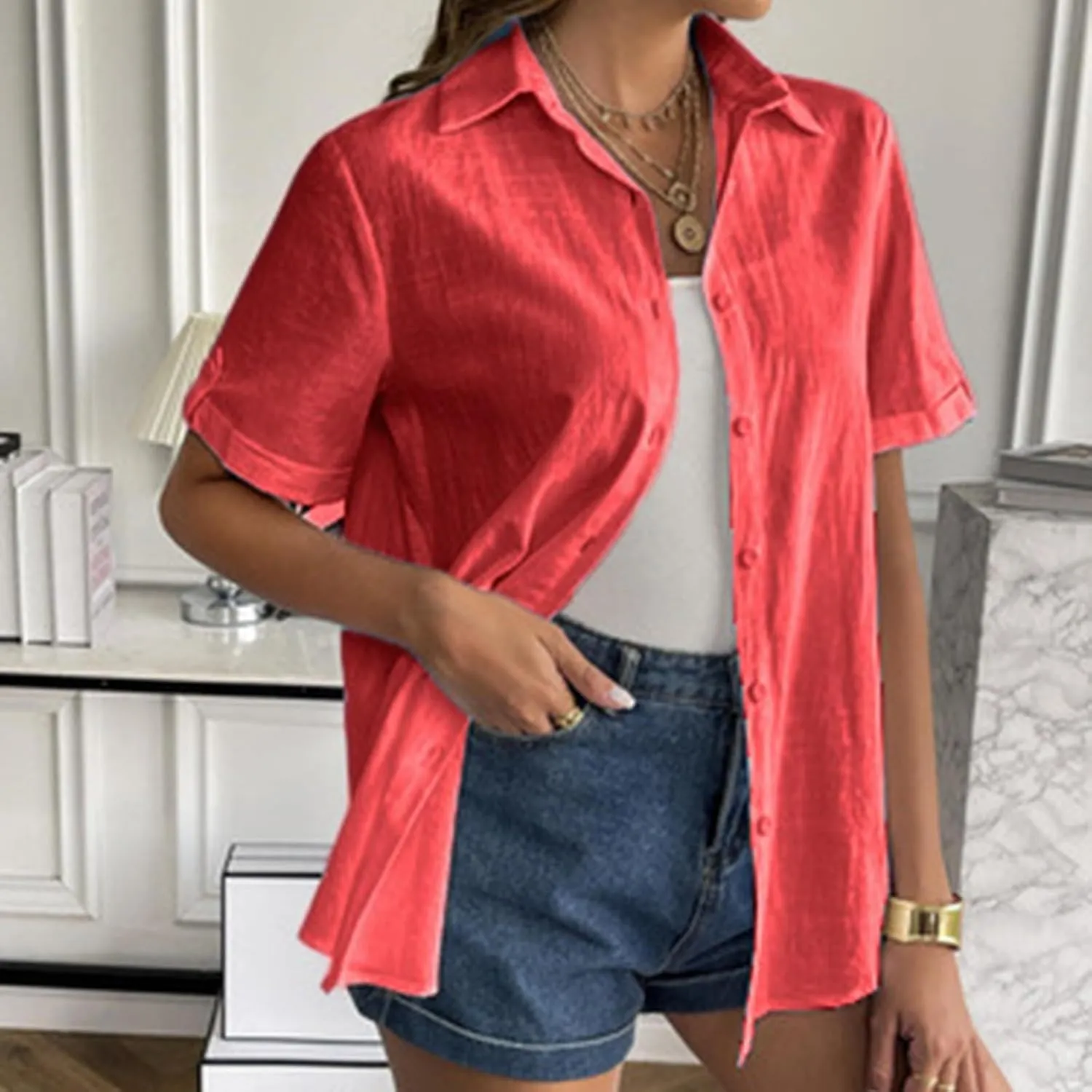 Linen Shirts for Women Summer, Linen Button Down Shirt Women Short Sleeve Collared Work Tops Casual Dressy Blouses