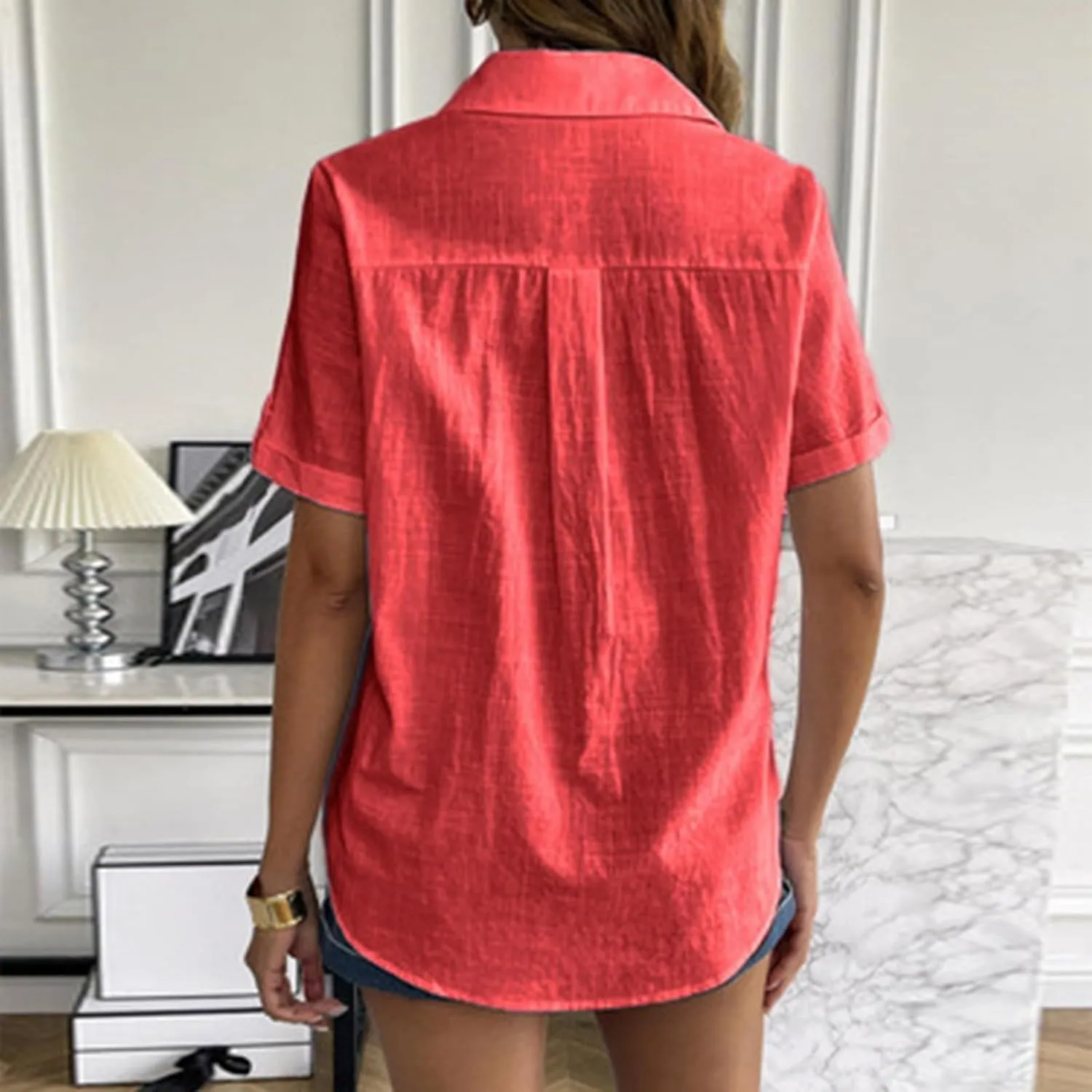 Linen Shirts for Women Summer, Linen Button Down Shirt Women Short Sleeve Collared Work Tops Casual Dressy Blouses