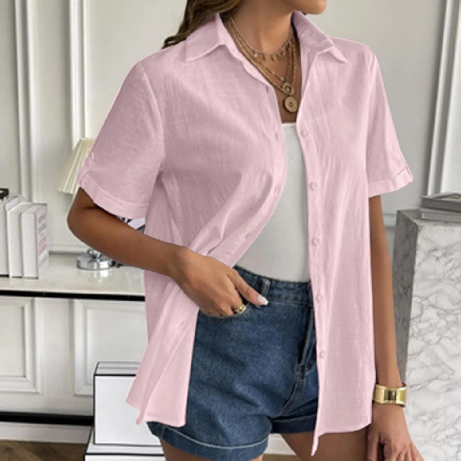 Linen Shirts for Women Summer, Linen Button Down Shirt Women Short Sleeve Collared Work Tops Casual Dressy Blouses
