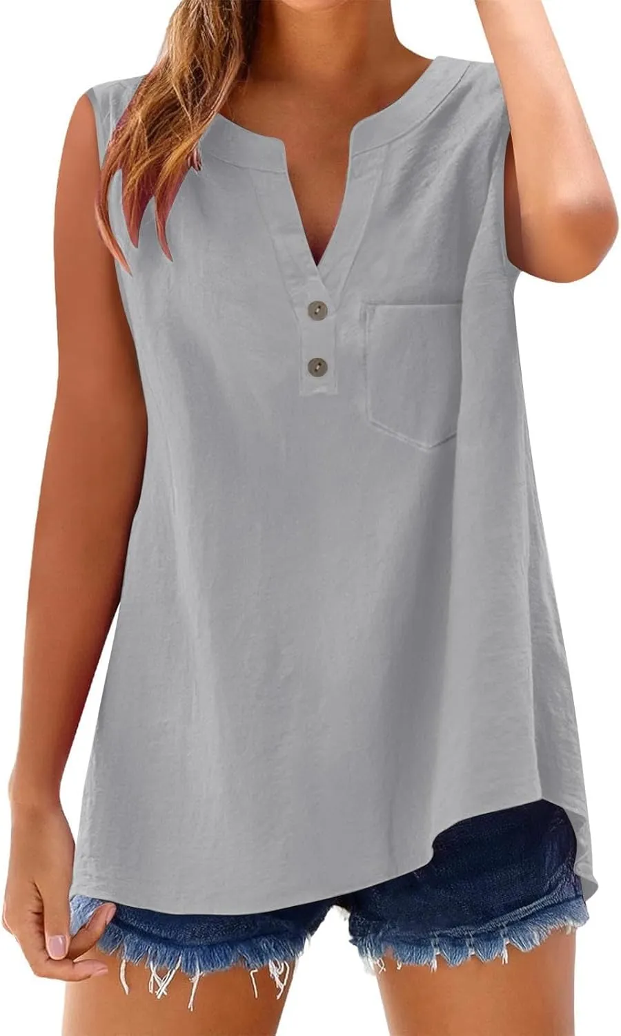 Linen Shirts for Women V Neck Button Down Tank Tops Sleeveless Office Work Blouses Vintage Beach Vacation Shirt