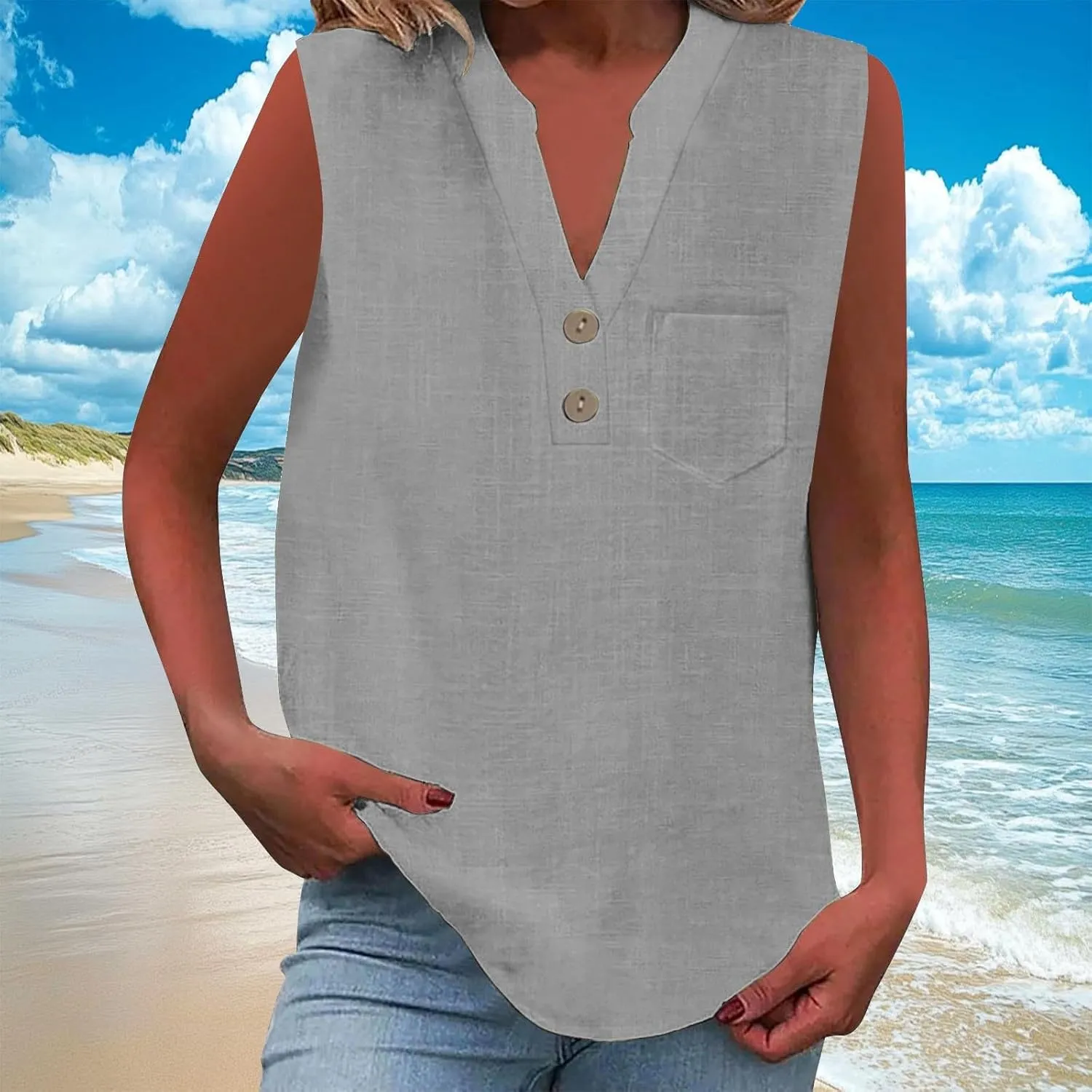 Linen Shirts for Women V Neck Button Down Tank Tops Sleeveless Office Work Blouses Vintage Beach Vacation Shirt