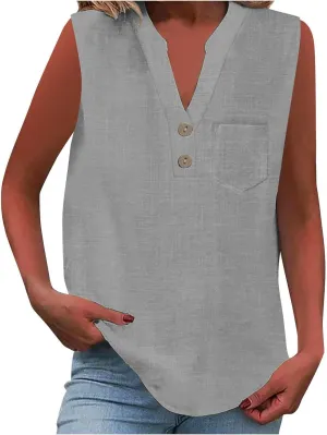 Linen Shirts for Women V Neck Button Down Tank Tops Sleeveless Office Work Blouses Vintage Beach Vacation Shirt