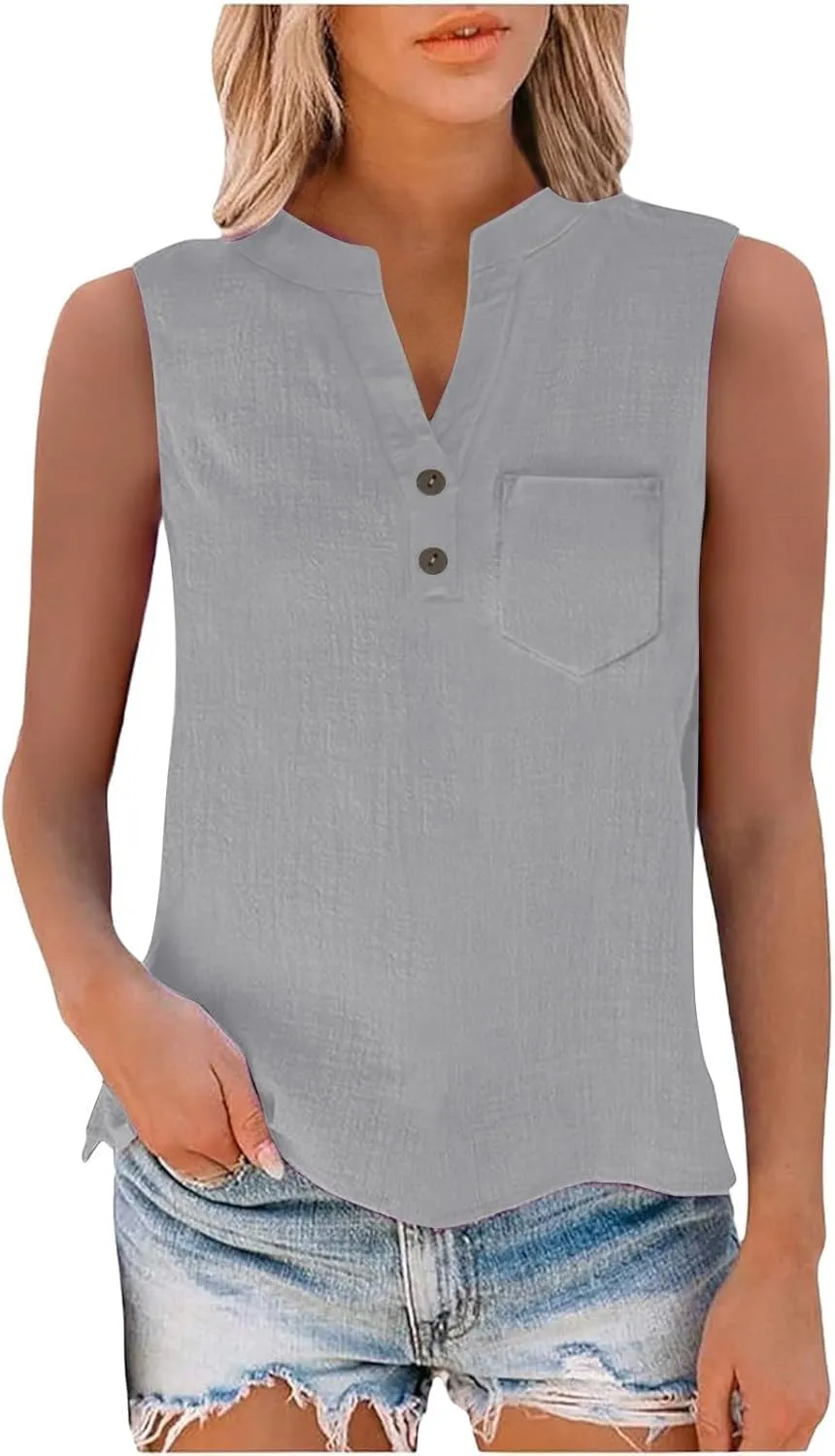 Linen Shirts for Women V Neck Button Down Tank Tops Sleeveless Office Work Blouses Vintage Beach Vacation Shirt