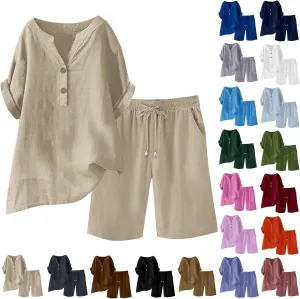 Linen Short Sets For Women 2 Piece Outfit Summer Button V-neck Linen Shirts and Shorts Sets Beach Outfits Size S-5XL