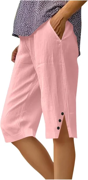 Linen Shorts for Women 2025 Knee Length Bermuda Shorts Summer Straight Leg Comfy Soft Beach Short Pants with Pockets