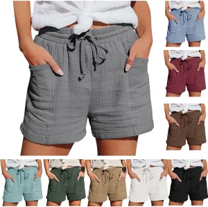 Linen Shots for Women Summer Drawstring Elastic High Waist Beach Resort Wear Casual Dressy Short Pants with Pockets
