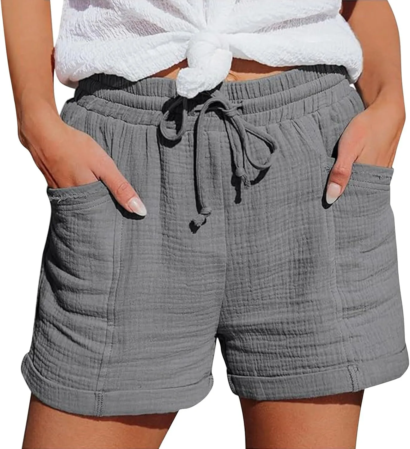 Linen Shots for Women Summer Drawstring Elastic High Waist Beach Resort Wear Casual Dressy Short Pants with Pockets