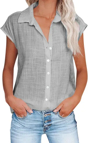 Linen Tops for Women Summer Button Down Shirts 2025 Trendy Work Shirt Tees Casual Short Sleeve Loose T-Shirts