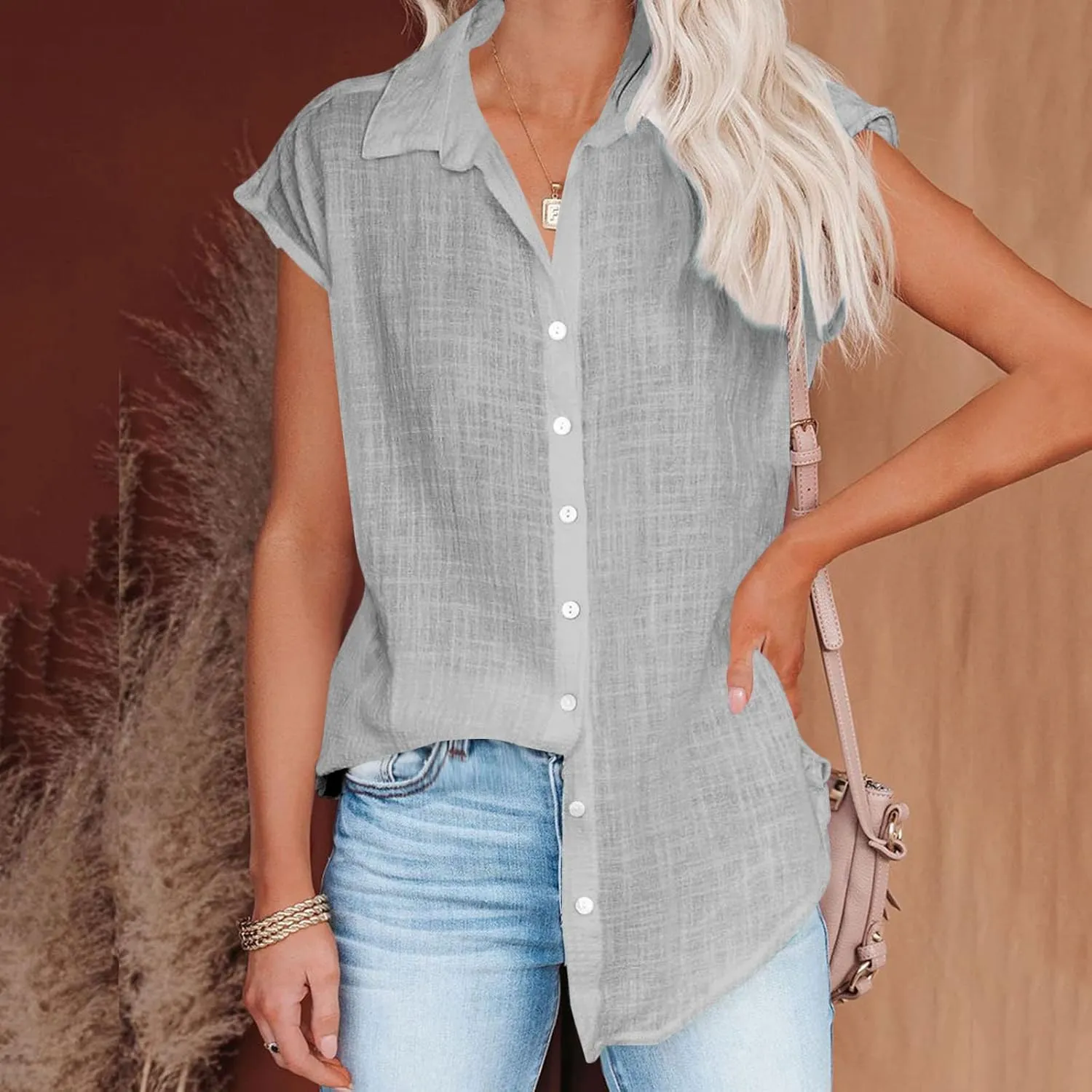 Linen Tops for Women Summer Button Down Shirts 2025 Trendy Work Shirt Tees Casual Short Sleeve Loose T-Shirts
