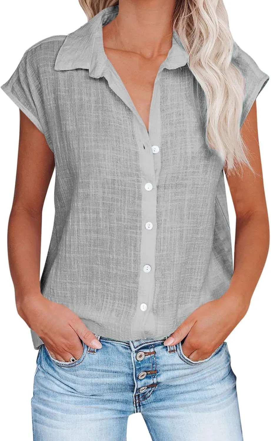 Linen Tops for Women Summer Button Down Shirts 2025 Trendy Work Shirt Tees Casual Short Sleeve Loose T-Shirts