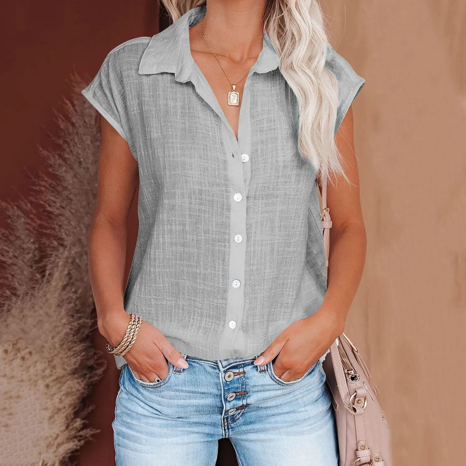 Linen Tops for Women Summer Button Down Shirts 2025 Trendy Work Shirt Tees Casual Short Sleeve Loose T-Shirts