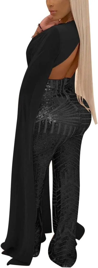 LKOUS Women Elegant Romper Sexy Deep V Neck Sequin Long Sleeve Backless Cape Bodycon Jumpsuits Plus Size