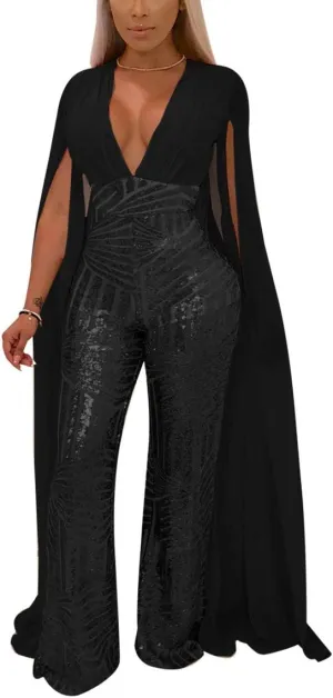 LKOUS Women Elegant Romper Sexy Deep V Neck Sequin Long Sleeve Backless Cape Bodycon Jumpsuits Plus Size