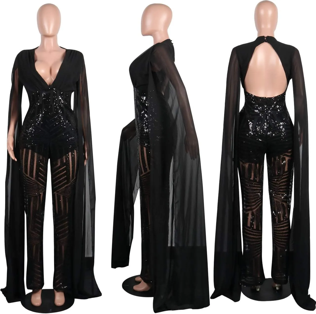 LKOUS Women Elegant Romper Sexy Deep V Neck Sequin Long Sleeve Backless Cape Bodycon Jumpsuits Plus Size