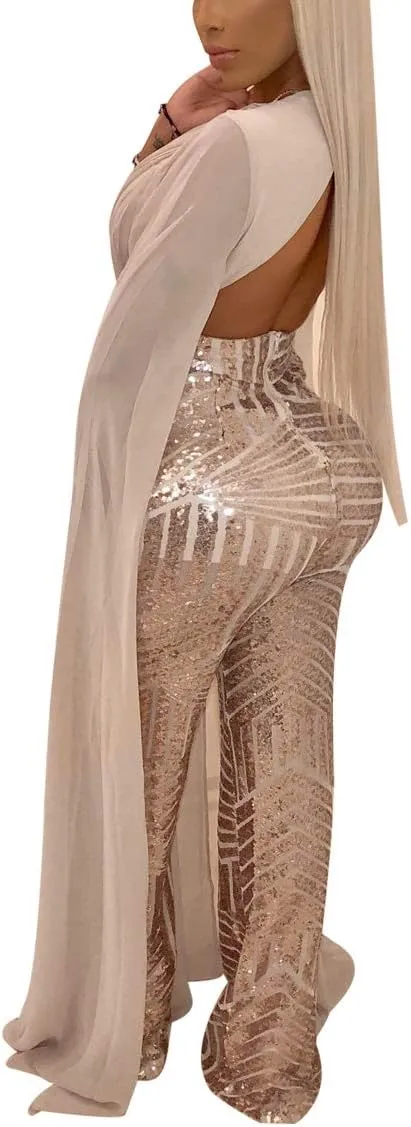 LKOUS Women Elegant Romper Sexy Deep V Neck Sequin Long Sleeve Backless Cape Bodycon Jumpsuits Plus Size