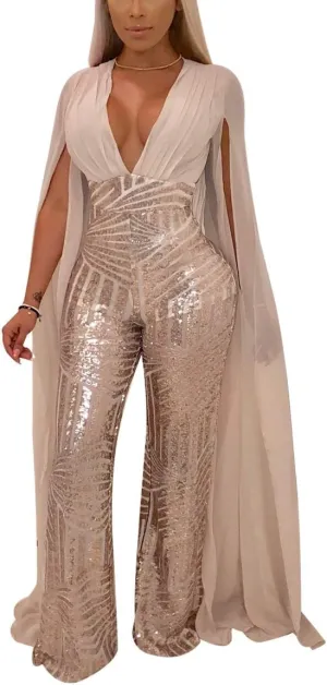 LKOUS Women Elegant Romper Sexy Deep V Neck Sequin Long Sleeve Backless Cape Bodycon Jumpsuits Plus Size