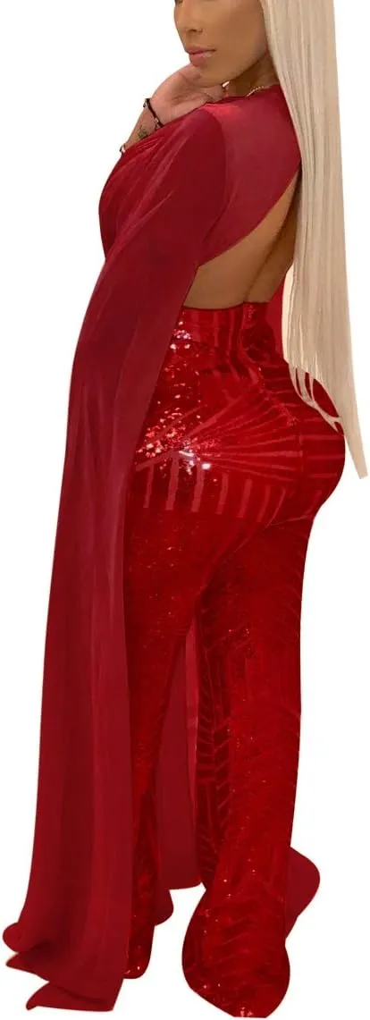 LKOUS Women Elegant Romper Sexy Deep V Neck Sequin Long Sleeve Backless Cape Bodycon Jumpsuits Plus Size