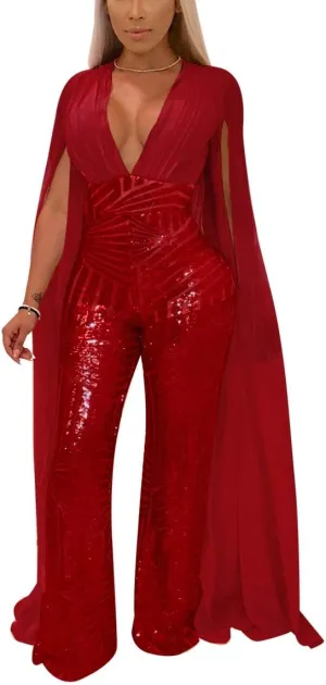 LKOUS Women Elegant Romper Sexy Deep V Neck Sequin Long Sleeve Backless Cape Bodycon Jumpsuits Plus Size