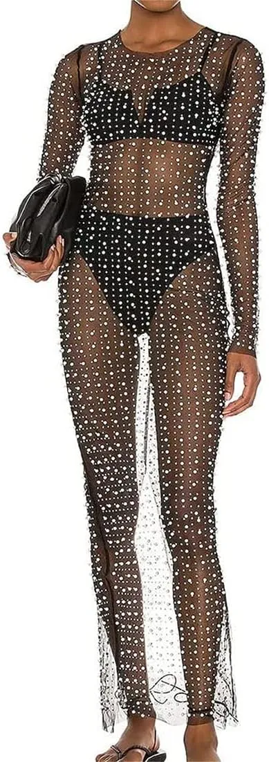 LOFAAC Women Sexy Pearl Rhinestone See Through Cover Up Dress Sheer Mesh Swimwear Bikini Beach Bathing Suit Coverups