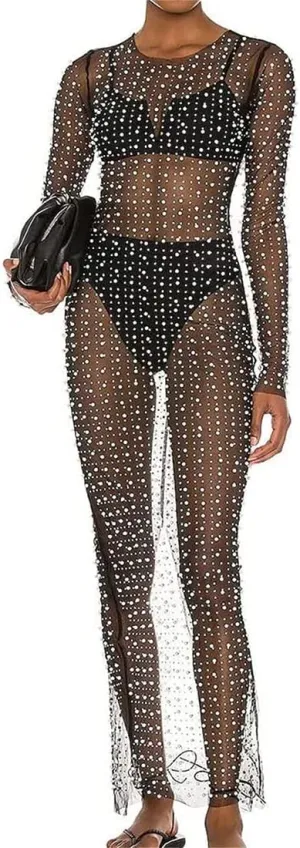 LOFAAC Women Sexy Pearl Rhinestone See Through Cover Up Dress Sheer Mesh Swimwear Bikini Beach Bathing Suit Coverups