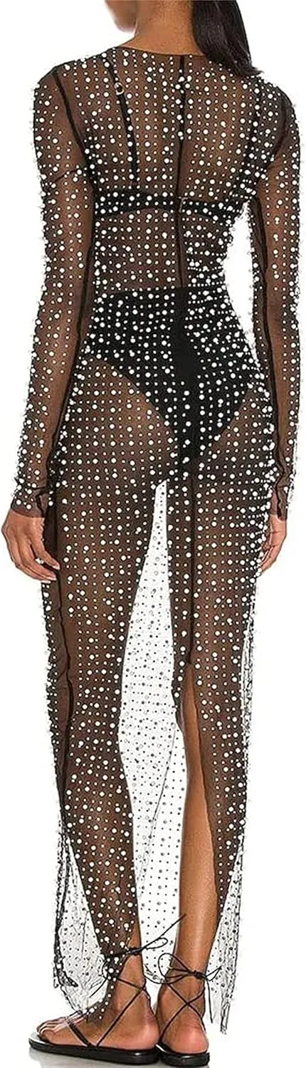 LOFAAC Women Sexy Pearl Rhinestone See Through Cover Up Dress Sheer Mesh Swimwear Bikini Beach Bathing Suit Coverups